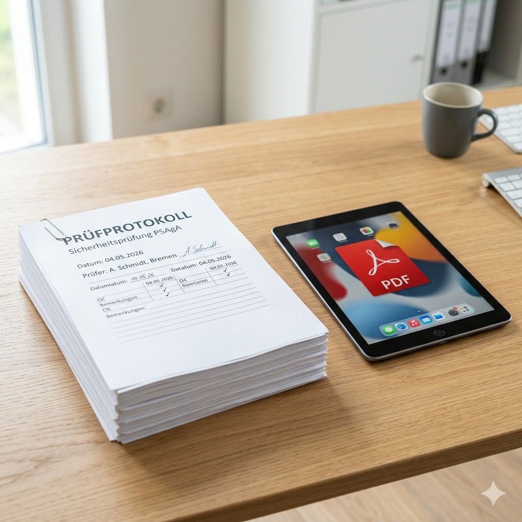 Stapel ausgefüllter Prüfprotokolle PSAgA mit Büroklammer; daneben Tablet mit großem PDF-Symbol auf hellem Bürotisch.